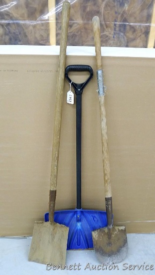 3 Shovels incl spade, flat and snow. Handle on the spade shovel is cracked and taped.