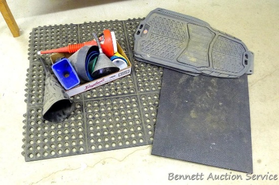 Two rubber floor mats, largest is 35" square; two Dickies rubber car mats; large assortment of
