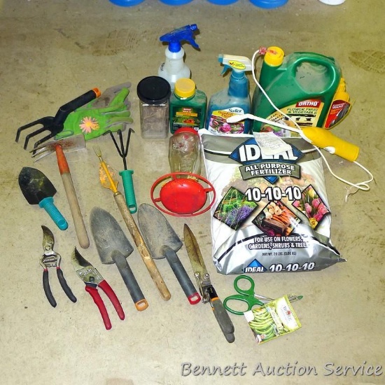 No shipping. Huge gardening lot includes partial containers of garden disease control with sprayer;