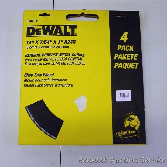 Four pack of DeWalt 14" x 7/64" x 1" A24R general purpose metal chop saw cutting wheel NIP.