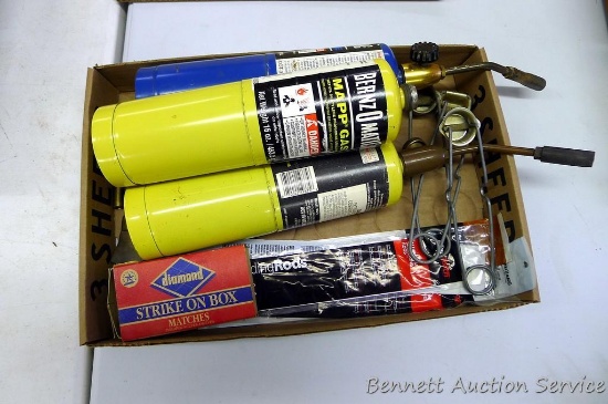 No shipping. Two BernzOMatic propane torches; one extra canister; variety of BernzOMatic