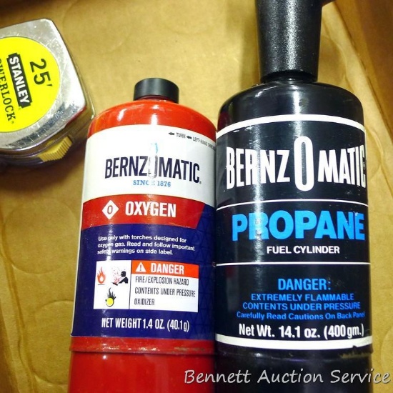 BernzOMatic propane torch and extra cylinder. Also a 25' Stanley Powerlock II tape.