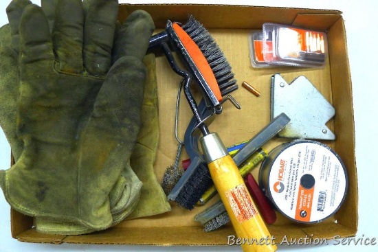 Roll of Hobart .035 gasless flux-coated wire NIP; leather gloves; chip hammer & wire brush; Hobart