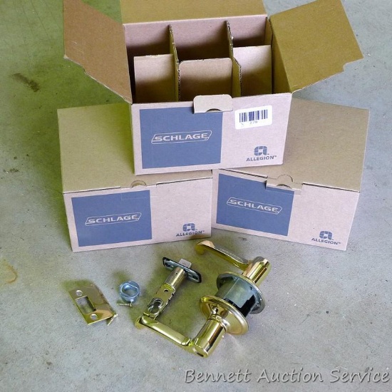 Three Schlage Passage latches F10 GEO 716 CAM. Did not check to see if all small parts are present.