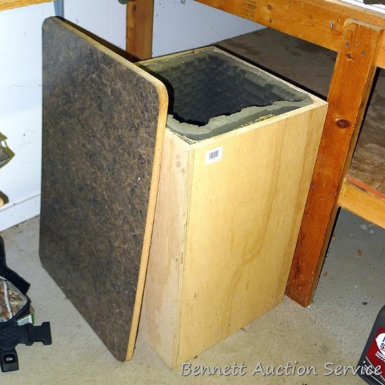 Homemade wooden box with padded liner is 17" x 17" x 27"; piece of counter top 20" x 31".