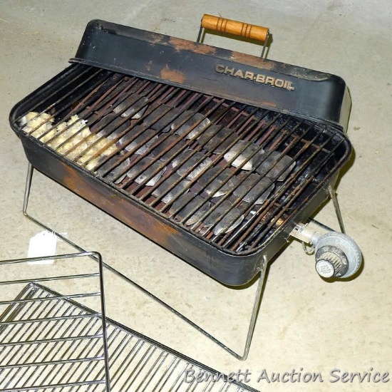 Char-Broil propane grill is 12" x 17" x 14"; three refrigerator grates, largest is 12-1/2" x 21",