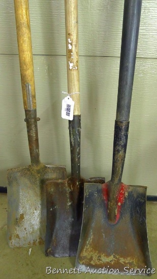 3 Flat shovels are 8-1/2" x 10, one has a fiberglass handle, all appear in good condition.