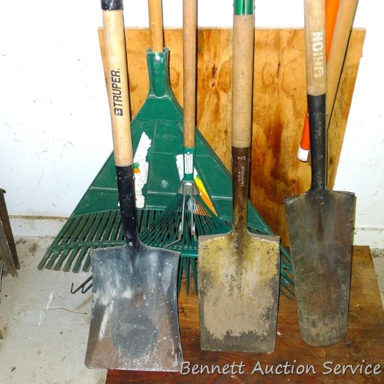 Leaf rake with 30" head, metal leaf rake, 2 flat shovels and tree planting shovel.