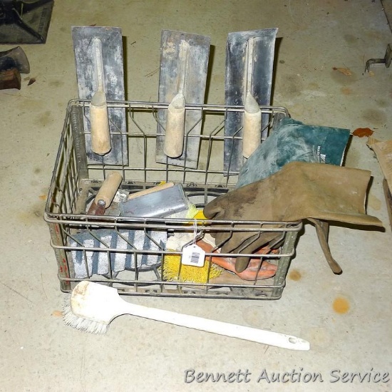 Steel milk crate is 18" x 12" x 11" contains finishing towels, longest I 15"; gloves, brushes,