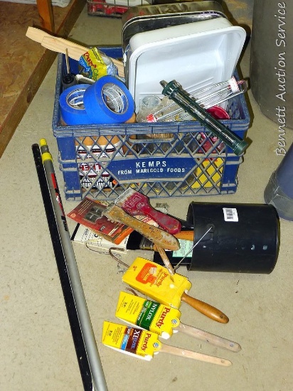 Painting supplies incl tape, scrapers, rollers, trays, extendable roller handles, more.