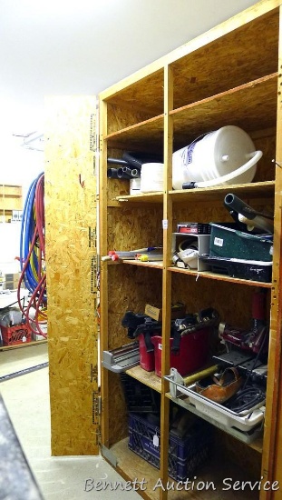 Homemade sturdy wooden cabinet with 5 shelves is 49" x 25" x 96" and has a half door on one side.