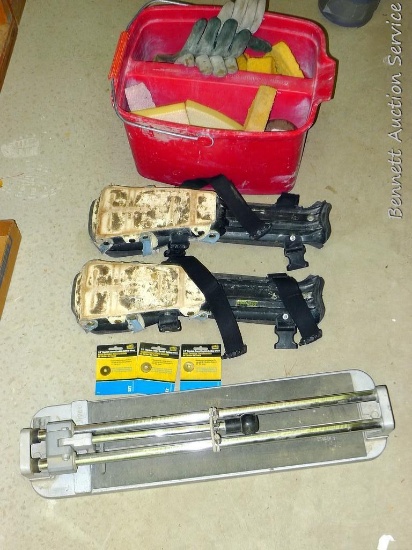 Brutus, model 10552, 20" ball bearing tile cutter and pair of Proknee knee pads, rubber gloves,
