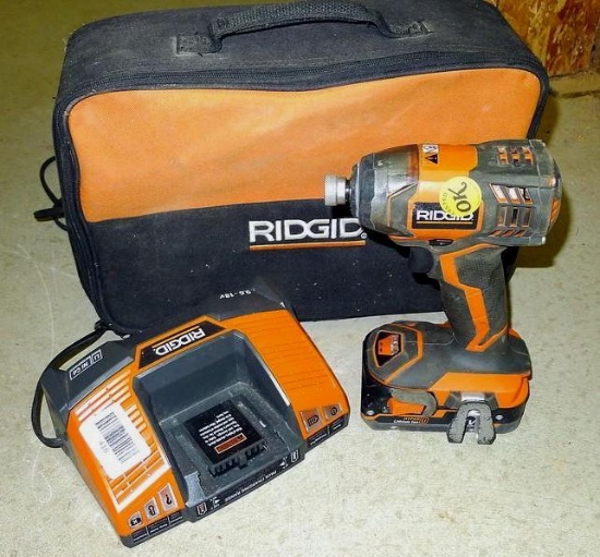 Rigid 18 volt impact driver with lithium ion battery and LED light incl charger and carrying case,