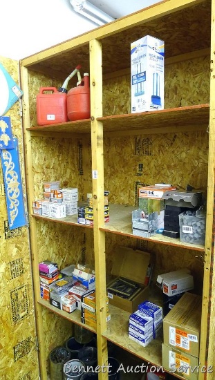 Homemade wooden 4 shelf cabinet is 48" x 96" x 24" deep with a partial door on one side. Please come