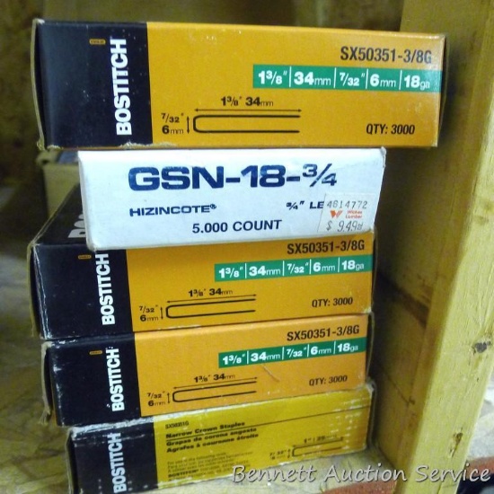 5 New boxes of Bostitch staples, one is 1" x 7/32"; one is #18 x 3/4"and 3 boxes of 1-3/8" x 7/32".