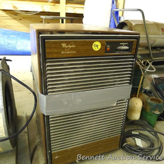 Whirlpool dehumidifier is 12" x 13" x 20" tall, runs.
