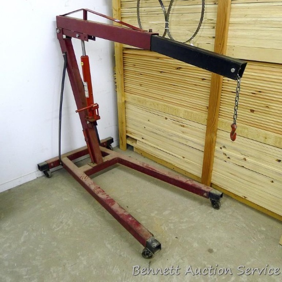 Heavy duty engine lift with 3 ton long ram jack, model LRJ38, is approx. 80" x 48" x 63", on rolling