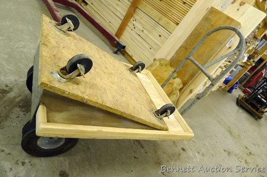 Metal cart on casters with a 28" x 36" wooden box and flat platform rolling cart is 24" x 30".