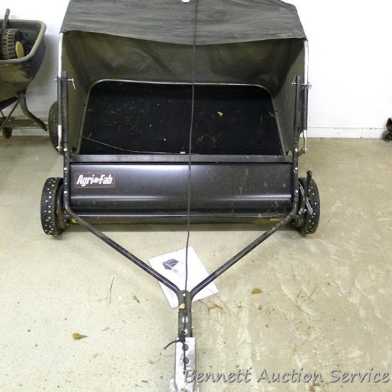 Agri-Fab pull behind lawn rake is 50" x 40" folded with parts book.