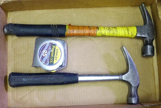 Stanley 13" claw hammer; 16" hammer has the handle taped; Stanley 25' PowerLock.