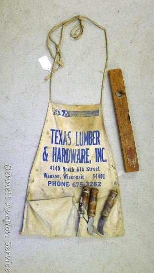 Nail apron with nice graphics is a little dirty and says "Texas Lumber & Hardware, Wausau, WI"; 18"