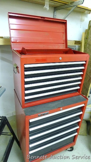 Homak top and rolling bottom tool box. Top has 6 drawers, bottom has 5 drawers, measures 29" x 18" x