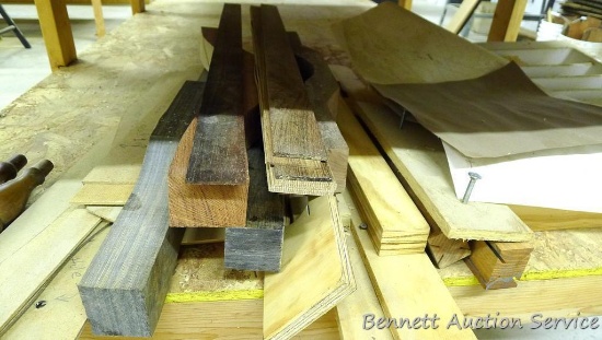 Stack of wood patterns, jigs and misc. pieces of wood up to 48"; clear epoxy adhesive; tape and