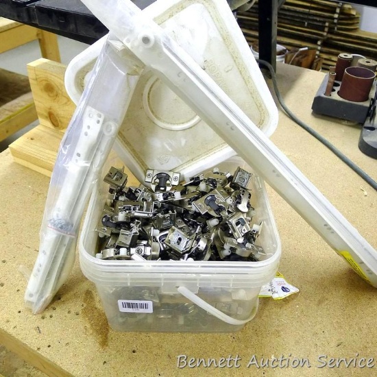 Bucket 9" x 9" x 7" filled with cabinet hinges; P1700/12W bottom mount drawer slides NIP; P1700/22W
