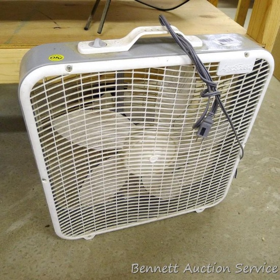 Intertek box fan is 20-1/2" square. Runs.