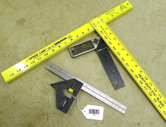Stanley adjustable 12" square; Stanley 8" square; Swanson 48" T-Square.