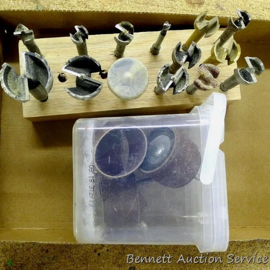 Variety of forstner bits up to 1-3/4"; sanding drums up to 2".