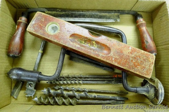 Lakeside drawshave is 14-1/2"; hand brace; adjustable drill bit; drill bits up to 3/4"; 12" wooden