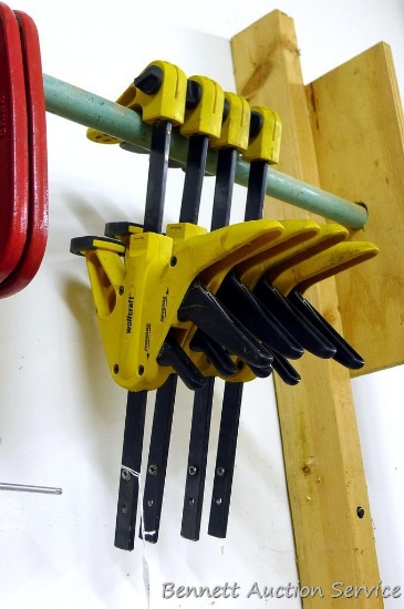Four Wolfcraft reversible clamps are 16" long. One is missing rubber pad.