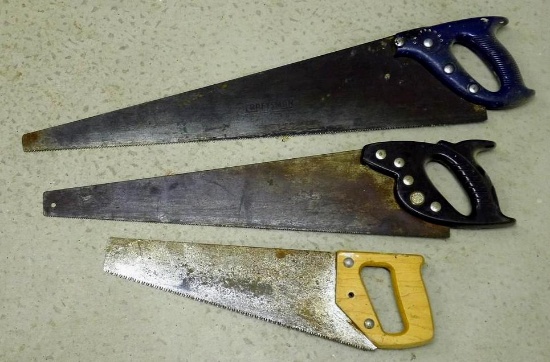 Two Craftsman carpenter saws, longest is 29"; small hand saw is 18" long.