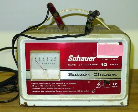 Schauer battery charger for 6 & 12V batteries model C6612 is 9" x 5-1/2" x 7".