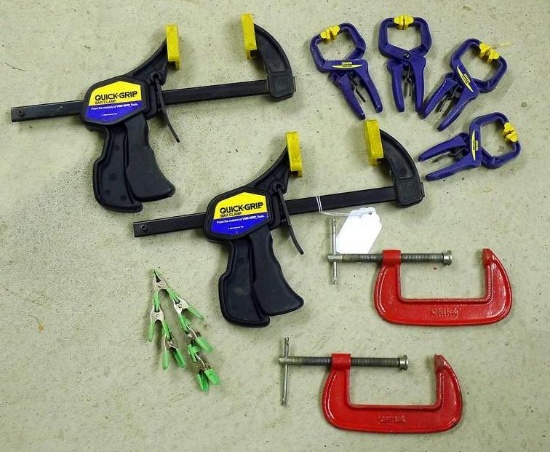 Two Quick-Grip bar clamps; Four 5" Irwin clamps; pair of 4" C-clamps; 5 small clamps.