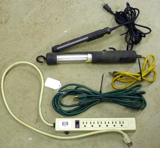 Extension cord 20' long; 2 work lights, longest is 15", both work; multiple outlet strip.