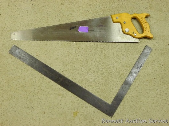 Nice Disston carpenter saw is 28-1/2" long; 2' metal square.