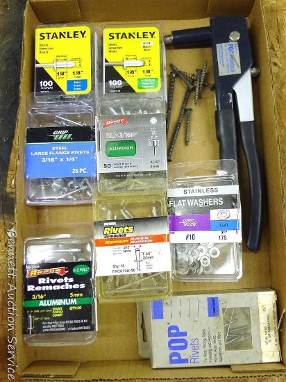 Pop Rivet tool for 1/8" - 3/16" rivets; assorted sizes of pop rivets; flat washers.