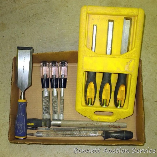 Irwin Marples 2" chisel in like new condition; Stanley Fat Max chisel set - 1/2", 3/4" & 1"; set of