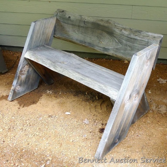 Homemade wooden bench is 48" x 28" x 31" tall. Made from 2" lumber and slab wood.