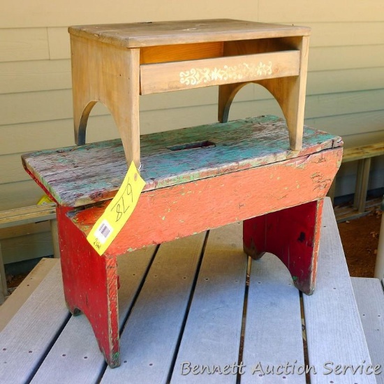 Two wooden stools, largest is 27" x 12" x 16" tall.