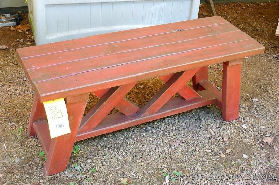 Nice sturdy wooden bench is 42" x 14" x 18".
