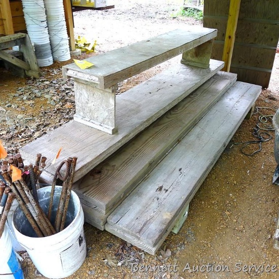 Eleven laminated and solid wood scaffolding planks. All approx. 8' long, up to 15" wide although