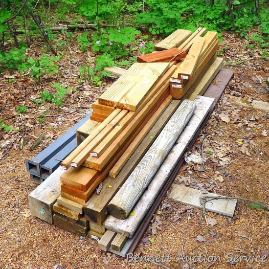 Decent quantity of treated and other wood up to 10" wide and up to 8' long. Plus four square steel