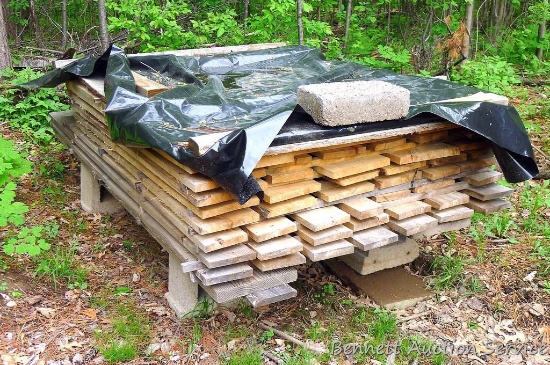 Pile of stickered rough sawn oak boards up to 10" x 98". Plus a 2"x6" and a 2"x10".