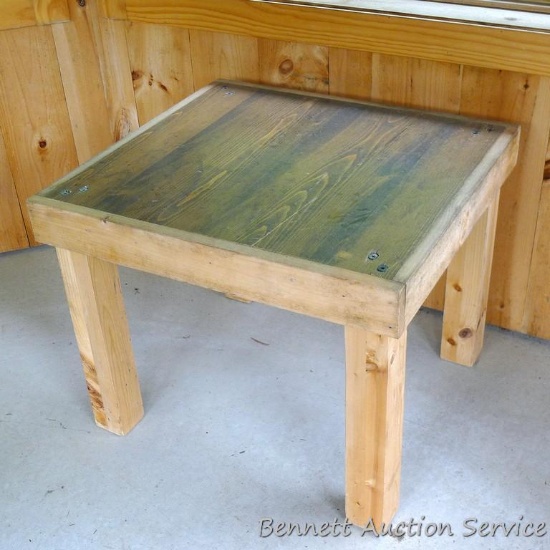 Sturdy wooden table is 25-1/2" x 28" x 22".