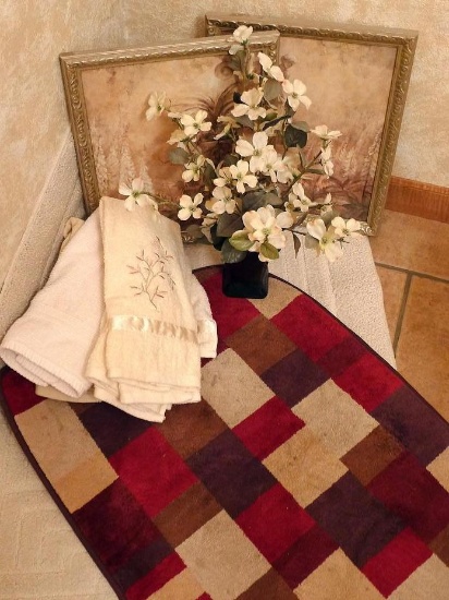 Two framed pictures, each approx. 14" x 16"; faux flowers; six hand towels.