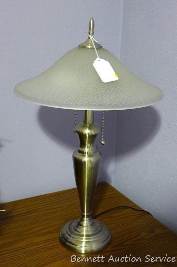24" tall table lamp with brushed finish and glass shade looks classy. Works. Matches Lot 774