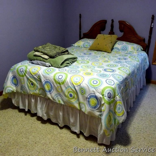 Queen bed frame, mattress, box spring and bedding. All in good condition. Headboard stands 53" to